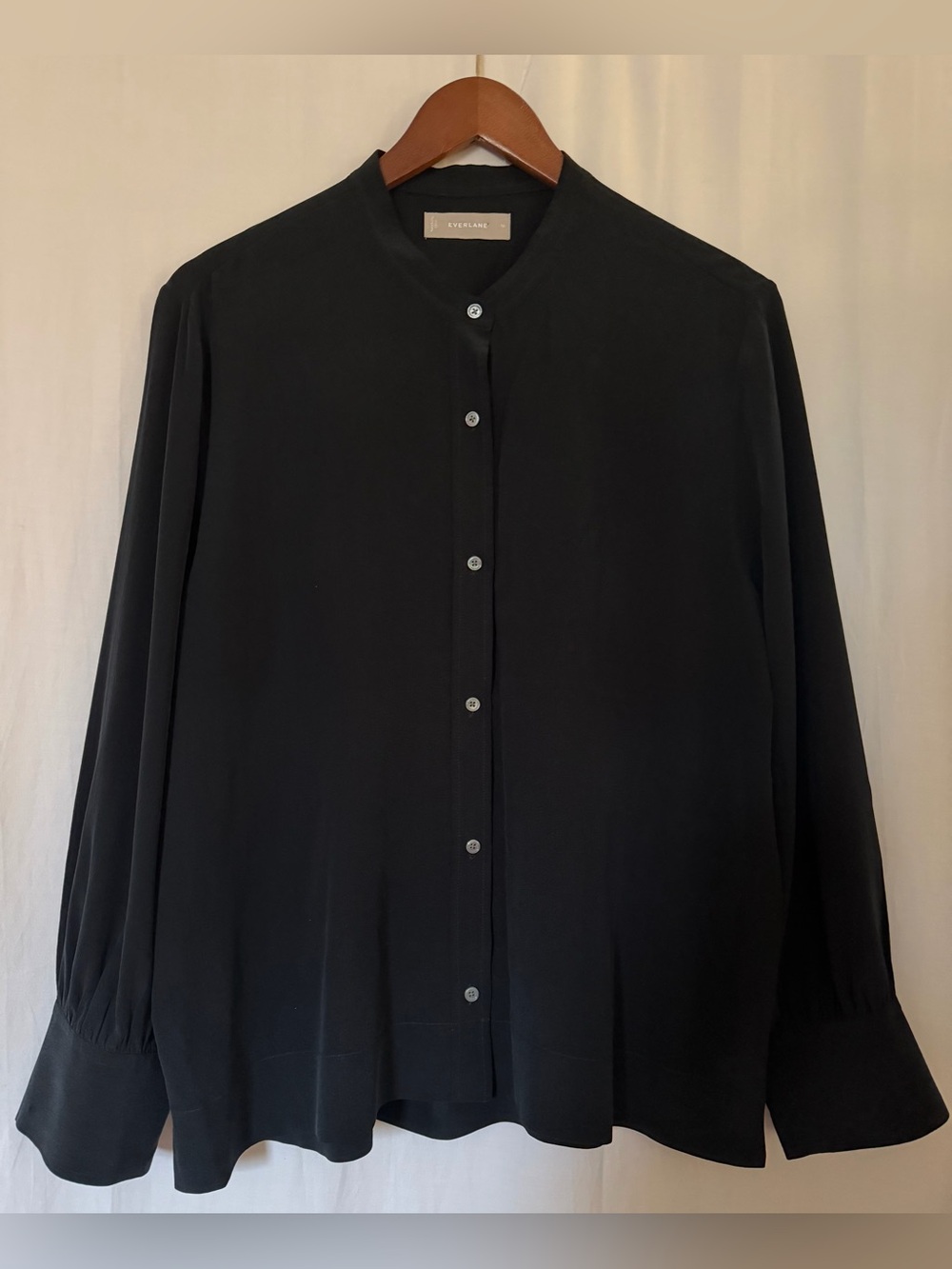 Everlane 100% Silk Band-Collar Button Up Shirt - Black - Size 16